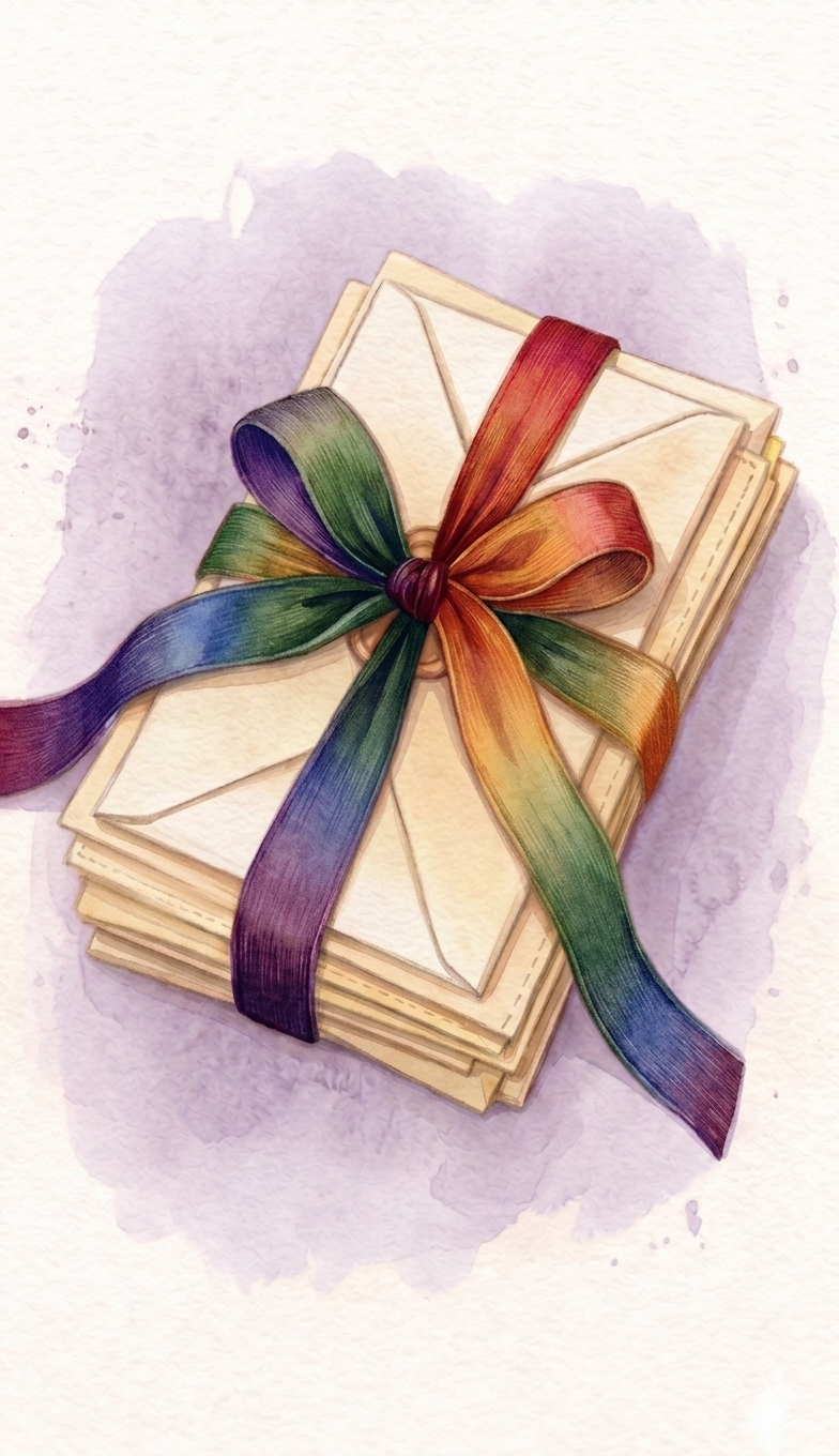 A watercolor stack of cream envelopes bound with a rainbow Pride flag ribbon — Pride Wrapped