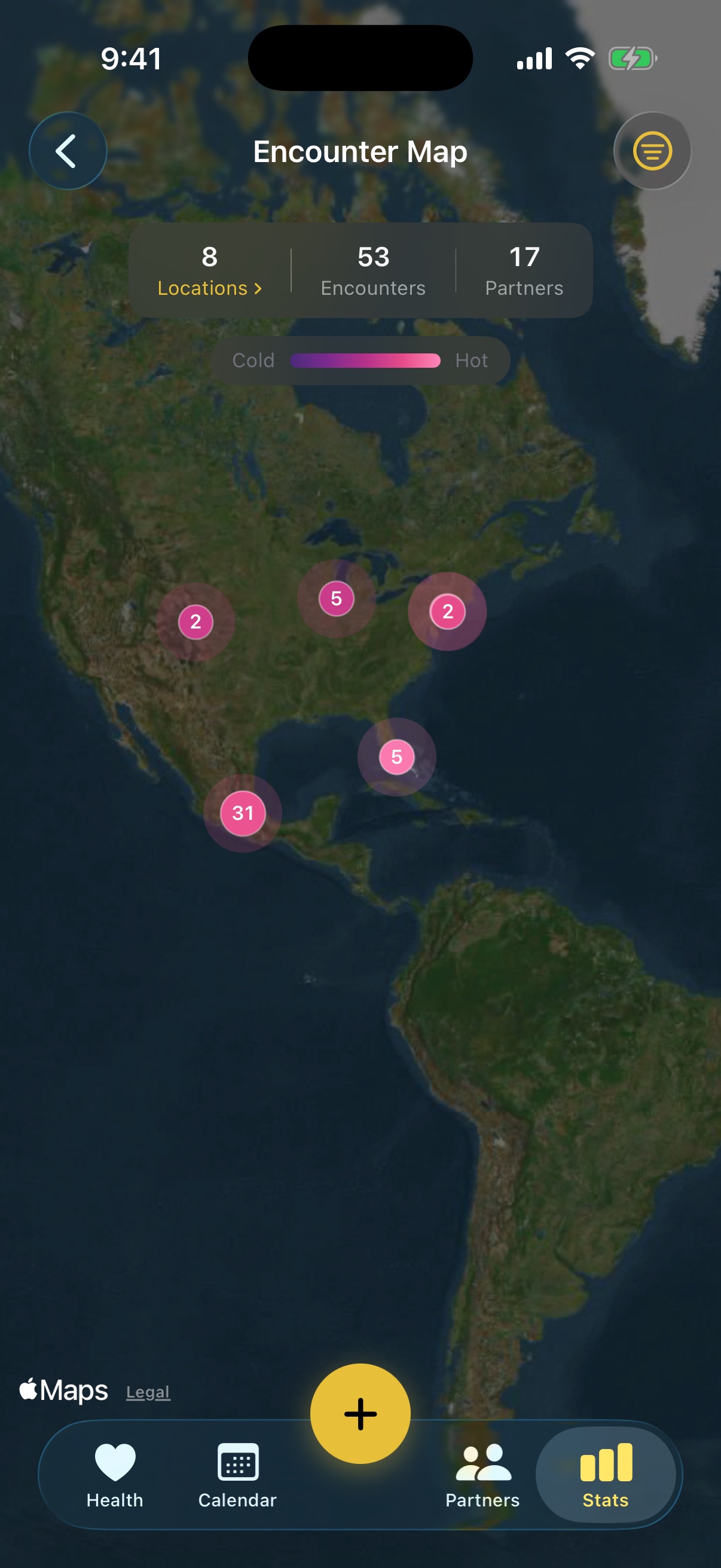 XtrkR Your Map showing locations, countries, and continents from logged encounters